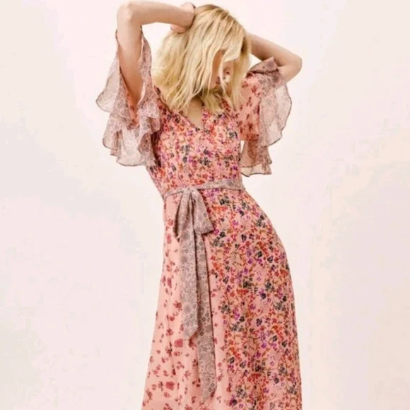Lovestitch Priscilla Mauve Floral Flowy Wrap Maxi Dress Flutter Slvs Tie Belt LG - Picture 8 of 15